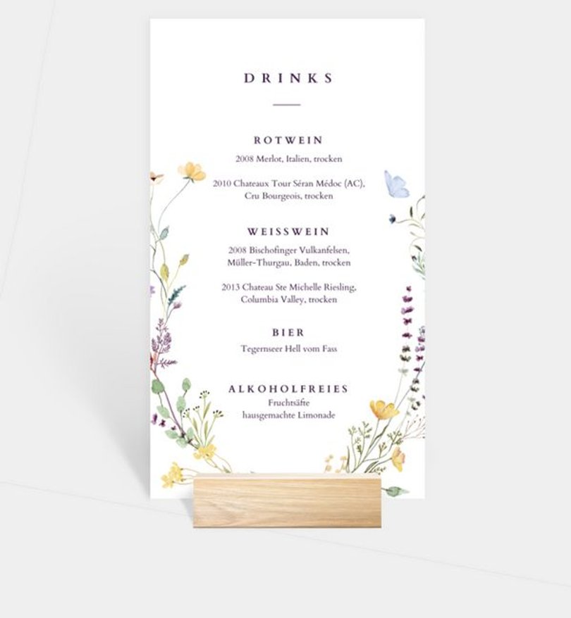 Getränkekarte Hochzeit Blütengarten